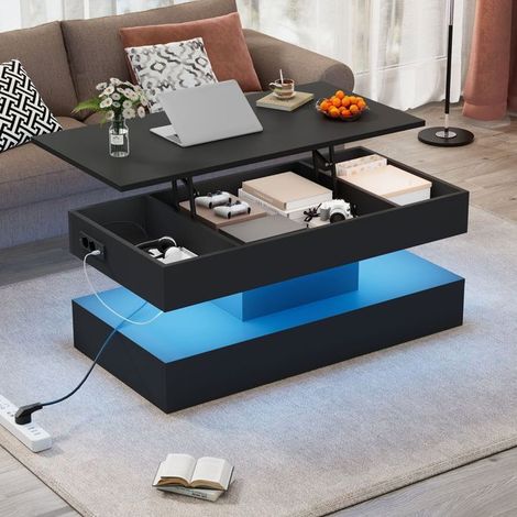 table basse 100x50, plateau relevable salon, rangement intégré, LED intégrées, prise EU (1/5)