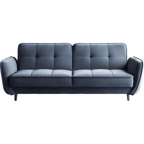 Canapé 3 places convertible en tissu BOZA - Pieds bois noir-Bleu charrette (1/4)