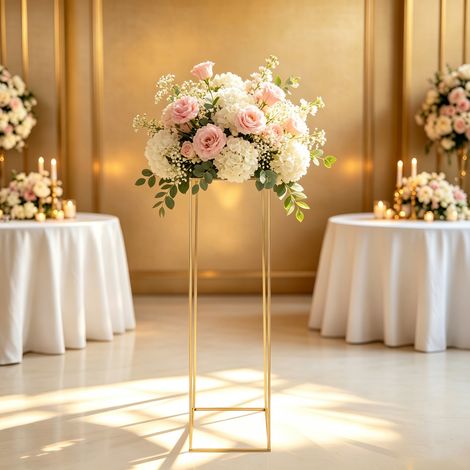 Présentoir à fleurs doré avec plateau en fer, présentoir floral pour décoration de mariage 29×29×100cm (1/5)