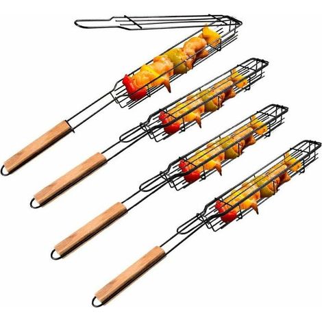 Grillkorb, 4er-Set, einzigartige Antihaft-Grillkörbe, Kebab-Grillständer mit hitzebeständigem Holzgriff, für Grillgemüse, Zwiebeln, Würstchen usw. (1/5)