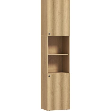 Mueble alto de baño en madera efecto roble, 6 niveles, 2 puertas y 2 estantes abiertos, 40x31x182 cm (1/5)