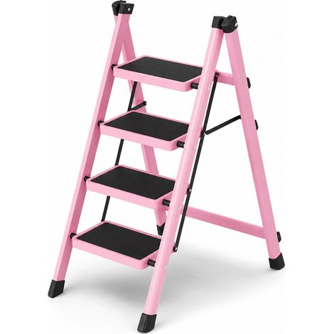 Klapptrittleiter 3 Stufen aus Karbonstahl Rosa für Zuhause (1/5)