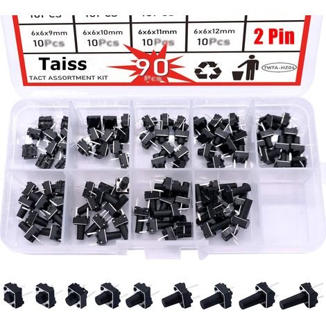 90PCS Interrupteurs à bouton-poussoir tactiles à 2 Broches Kit d'assortiment d'interrupteurs Momentané mini interrupteur poussoir 6 x 6 x 4.3/5/6/7/8/9/10/11/12mm (Chaque Valeur 10pcs) QC-9V-2P (1/5)