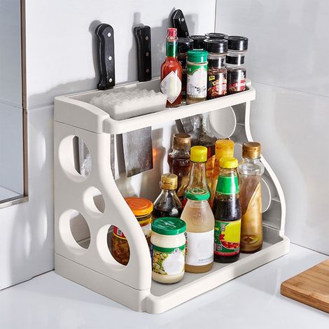 Rack Épices - 2 Niveaux - Support Couteaux Intégré - Pour Comptoir Cuisine Bureau Table à Café - Plastique Gris - 34 x 30,5 x 21 cm - 1 Pièce (1/5)