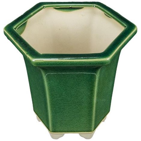 Vaso per bonsai esagonale (stile a cascata) in gres smaltato verde 10,5x10,5x11 cm - YM19 (1/2)