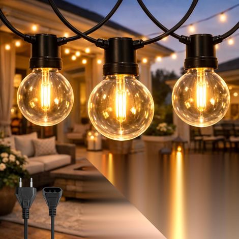 Guirlande lumineuse d'extérieur, équipée d'un câble d'alimentation de 7,5 mètres, contenant 25 ampoules, lumière chaude (2200K), indice d'étanchéité I (1/4)