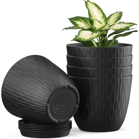 Lot de 5 pots de fleurs avec système d'arrosage 15,3 cm noir (1/5)