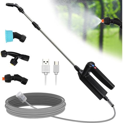 Pulverizador eléctrico inalámbrico de 7,4 V, 3 velocidades de pulverización + 4 boquillas ajustables, manguera de 5 m y tubo de pulverización extensible, ligero y portátil para jardín y plantas, color