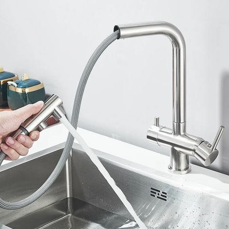 Robinet de cuisine en laiton avec filtre (nickel A), robinet purificateur d'eau à double jet, mitigeur d'eau potable, robinet de cuisine doré (1/5)