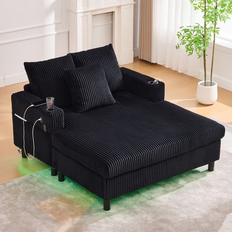 Großzügiger Relaxsessel 142x128x85 cm, mit USB Anschluss, Getränkehalter und LED Mehrfarben Lichtstreifen, Cordstoff, Schwarz (1/5)