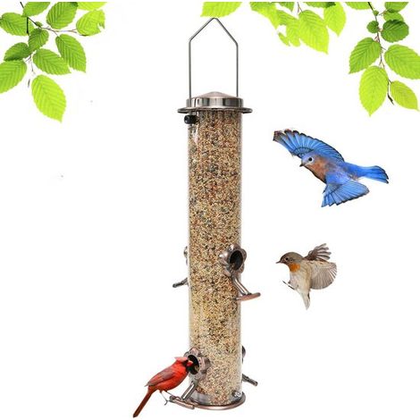Comedero metálico para pájaros, Comedero tubular para pájaros, 4 aberturas de alimentación, Apto para patios, jardines y terrazas, Plateado (1/5)