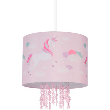 Relaxdays Hängelampe Kinderzimmer, Lampenschirm mit Einhorn-Motiv, HxD: 158 x 35 cm, E27, Pendelleuchte für Kinder, rosa