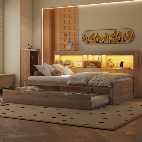 Sofá cama 90x200 cm con LED ambiental, cama nido extraíble, enchufe y USB, arcón lateral y estructura de tablero de partículas y MDF, color natural  CHICFURN (1/5)