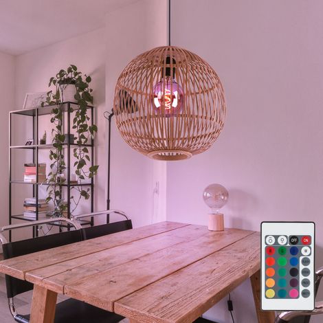Pendelleuchte Hängelampe Wohnzimmerleuchte Deckenlampe Esszimmerleuchte, Bambus naturfarben, dimmbar Fernbedienung, 1x RGB LED 8,5W 806Lm 3000K warmweiß, H 150 cm