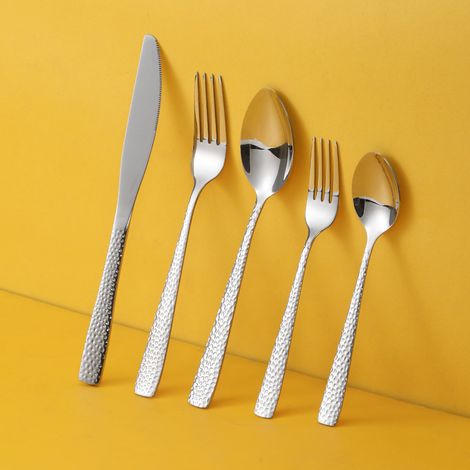 Set di posate in argento martellato da 5 pezzi, set di posate quadrate in acciaio inossidabile, per 1 persona.