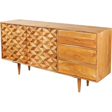 Buffet ARAVIS 145 cm – Massives Akazienholz hell geschnitzt – 2 Türen und 3 Schubladen (1/5)