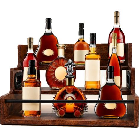 Estantería expositora para botellas de licor, diseño de 3 niveles, organizador compacto, color marrón. (1/5)