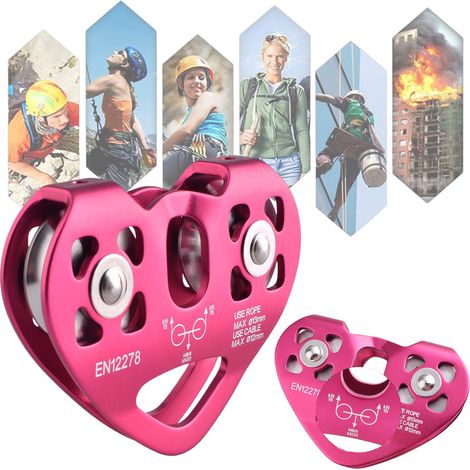 Poulie Tandem Escalade 30kN, Roulements, Corde 8-13mm, Câble 12mm max, Rouge