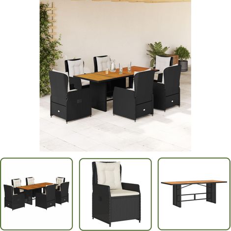 The Living Store 7-tlg. Garten-Essgruppe mit Kissen Schwarz Poly Rattan - Gartentisch - Gartenmöbel Set - Outdoor Möbel - Esstisch - Gartenlounge (1/5)