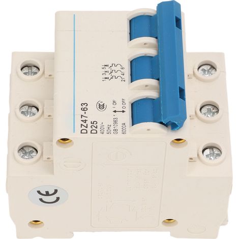 Disjoncteur miniature 3P 25A DZ47-63, protection automatique 400V, boîtier ignifuge pour bâtiment de bureaux, interrupteur modulaire résidentiel et tertiaire. (1/5)