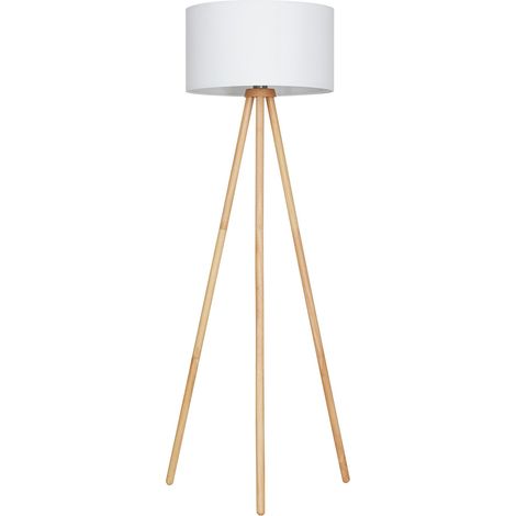 Lampadaire intérieur moderne en bois avec abat-jour en tissu blanc – Douille E27, 60w max. – Lampe au sol pour le salon ou la chambre à coucher - 455 x 1,480 mm (D x H) (1/5)