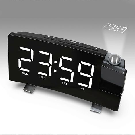 Réveil projecteur pour chambre, horloge numérique LED projetant sur plafond ou mur avec chargement USB pour téléphone, batterie de secours, projecteur 180° et variateur, cycle 12/24 h, DS (1/5)