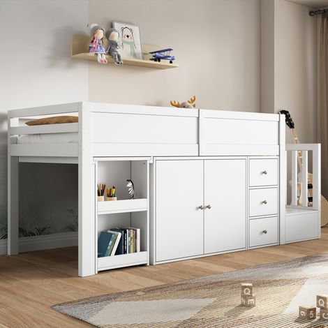 Lit mezzanine enfant multifonction, bureau rabattable intégré, rangements latéraux, armoire, tiroir, escalier avec placard, sans matelas, bois MDF blanc, 90x200 cm (1/5)