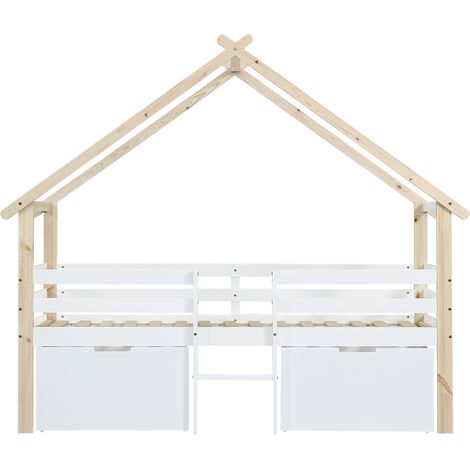 Hochbett-Hausbett mit Dach, 90 x 200 cm, Kiefer und MDF, weiß und natur, MODENUIT (1/5)