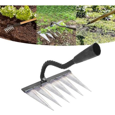 Râteau de Jardin - Traditionnel Râteau en Acier au Carbone, Râteau à Feuilles, Râteau à Gazon pour Le Jardin, Râteau à Dents, pour désherber/démêler/semer 6 Dents en Acier (sans bâton) (1/5)