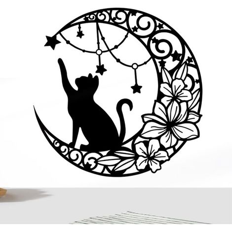 Décoration Murale Chat Lune En Métal, 11,8" Art Mural Noir En Métal Métal Chat Noir Et Lune Art Mural Chat Qui Choisit Des Étoiles Sur La Lune Décoration Murale Ronde Silhouette Art
