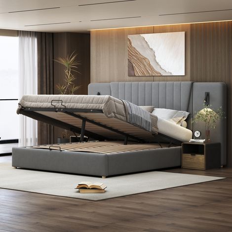Cadre de lit double gris velours 180x200cm avec tête de lit allongée, lampe orientable réglable et port USB, coffre de rangement hydraulique