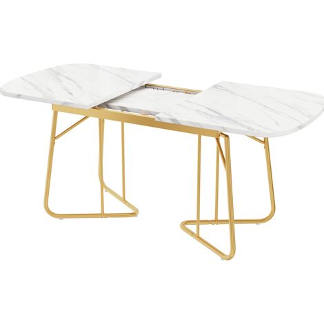 Mesa de comedor extensible blanca efecto mármol 140/180 x 80 cm con patas de metal dorado HOMVRA (1/5)