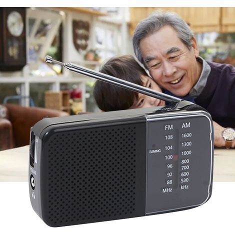 Radio portable AM/FM/ondes courtes, petite radio rétro vintage à piles, style antenne, noire. (1/5)