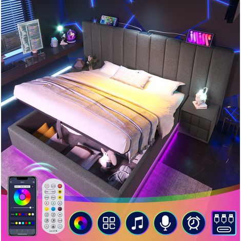 Bett 160x200 cm modern gepolstert aus Leinen in Grau mit Kopfteil, Stauraum, 360° LED, USB und USB-C, Lattenrost (1/5)