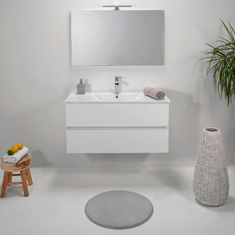 Mobile Bagno Sospeso 70 cm Bianco 2 Cassetti Lavabo e Specchio