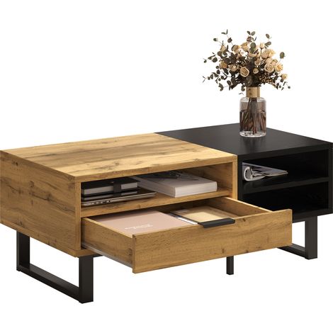 Table basse, table de salon à structure en blocs de couleurs, avec compartiments et tiroirs, pieds en métal. (1/5)