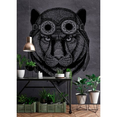 Papier peint panoramique gris foncé style industriel | Tapisserie panoramique panthère aviateur moderne | Papier peint panoramique animaux pour escalier - 270 x 400 cm (4 pièces) (1/5)