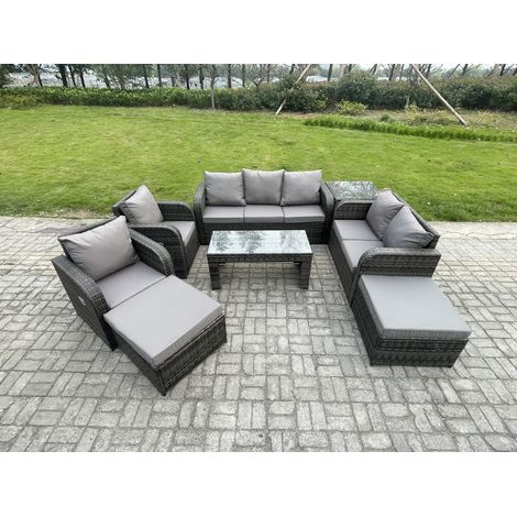 Fimous 9-Sitzer Polyrattan Gartenmöbelset Rattan Lounge Sofa Set mit Rechteckiger Couchtisch Beistelltisch 2 hohen Hockern Dunkelgrau Gemischt (1/5)