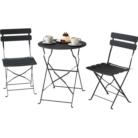 3-teiliges Gartenbistro-Set: Tisch, 2 Klappstühle, doppelt verstrebt, rostfrei, schwarz