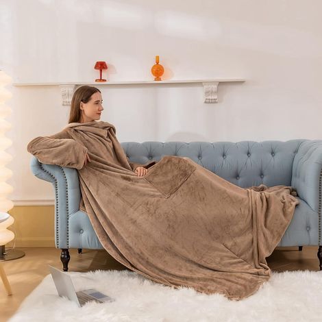 Couverture TV avec manches et pieds, polaire douce 150x200cm, taupe (1/5)