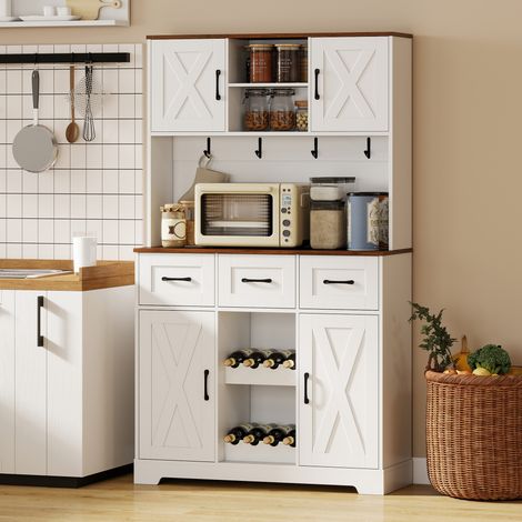 Mobile da cucina con portabottiglie per 8 bottiglie, 4 ante, 3 cassetti, ampio piano di lavoro, 100x38x172 cm, bianco (1/5)