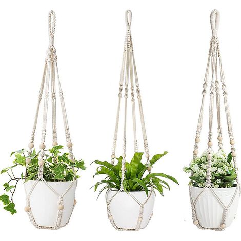 3 pcs macrame plante cintre pour plantes d&aposintérieur, panier avec des perles en bois, support de pot décoratif, 89cm, blanc (1/5)