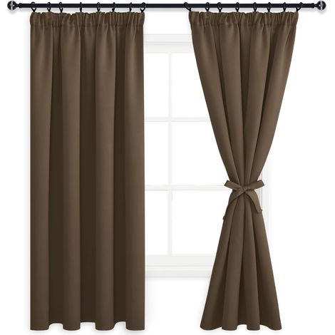 Set of 2 Blackout Curtains with Ties Thermal Insulated Curtain Anti Cold and Heat Kitchen Curtain, Curtains for Living Room and Bedroom, Brown, 117 x 137 cm (L x H) (1/5)