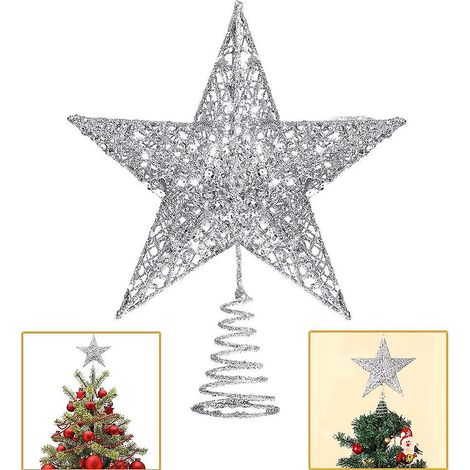 (20cm) Etoile De Sapin De Nol 5 Paillettes Argentes Dcoration De Sapin De Nol Etoile De Fer Pentagramme Cubique Paillettes 5 Toiles Fournitures Po (1/4)