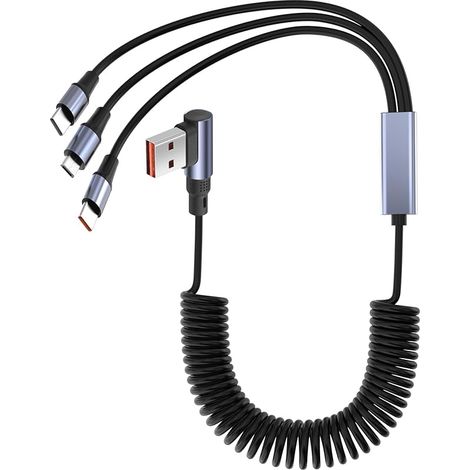 Câble de charge rapide USB A spiralé 3 en 1, connecteur USB-A à angle droit de 90 degrés avec répartiteur à 3 ports pour charger simultanément plusieurs appareils (Micro + 2 Type C) (1/5)