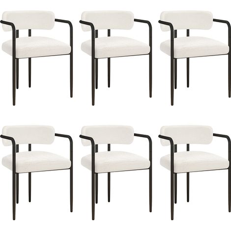Puluomis – Chaise de salle à manger rembourrée en tissu Teddy – Lot de 6 chaises – Pieds en métal noir – Confort optimal – Design moderne – Blanc (1/5)