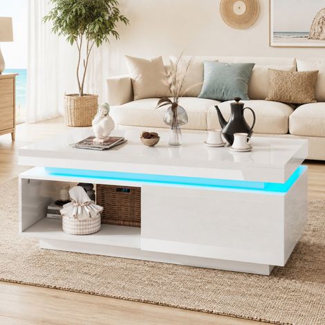 Meuble TV LED blanc avec table basse, finition brillante en panneau de particules HAVRYA (1/5)