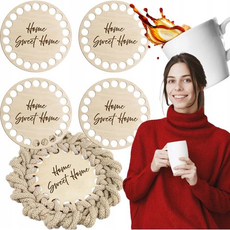 Tapete de café de ganchillo con base de madera e inscripción "Home Sweet Home" (x4) (1/5)