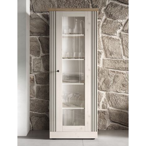 Vitrine 1 porte vitrée coloris blanc et chêne naturel YANIS (1/5)
