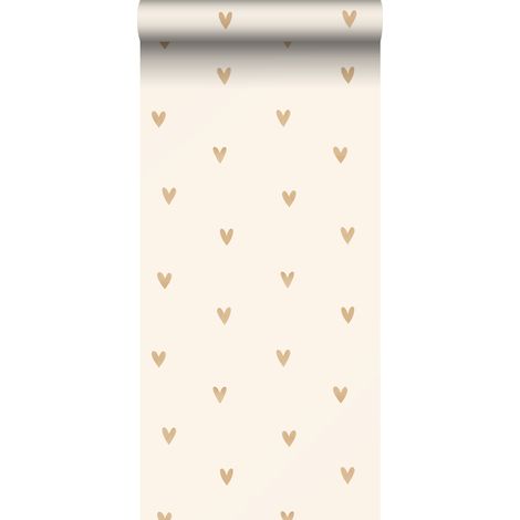 Papier peint à motif coeurs beige et or – Intissé écologique – Dimensions 53cm x 10,05m – Raccord droit pour pose facile (1/4)